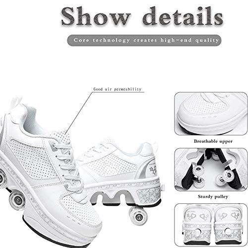 JZIYH Patines En Línea Zapatos con Ruedas para Niños Adultos Zapatos Multiusos Ajustables Calzado De Skateboarding Deportes De Exterior, Blanco,33