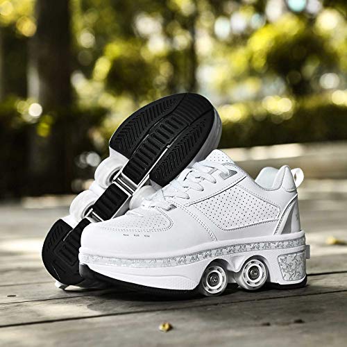 JZIYH Patines En Línea Zapatos con Ruedas para Niños Adultos Zapatos Multiusos Ajustables Calzado De Skateboarding Deportes De Exterior, Blanco,33