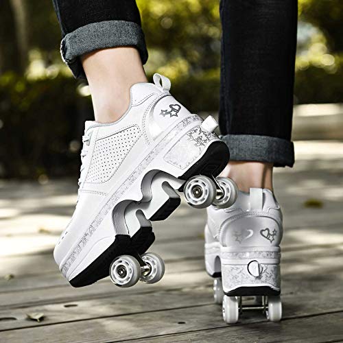 JZIYH Patines En Línea Zapatos con Ruedas para Niños Adultos Zapatos Multiusos Ajustables Calzado De Skateboarding Deportes De Exterior, Blanco,33