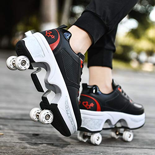 JZIYH Unisex Multiusos Deformación Patines De Cuatro Ruedas Ajustables con Luces Led Colores Zapatos Caminar Automáticos para Patinar Fiesta Cumpleaños Regalo,Black Red,37