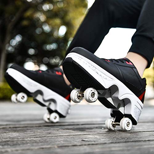 JZIYH Unisex Multiusos Deformación Patines De Cuatro Ruedas Ajustables con Luces Led Colores Zapatos Caminar Automáticos para Patinar Fiesta Cumpleaños Regalo,Black Red,37