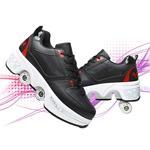 JZIYH Unisex Multiusos Deformación Patines De Cuatro Ruedas Ajustables con Luces Led Colores Zapatos Caminar Automáticos para Patinar Fiesta Cumpleaños Regalo,Black Red,37