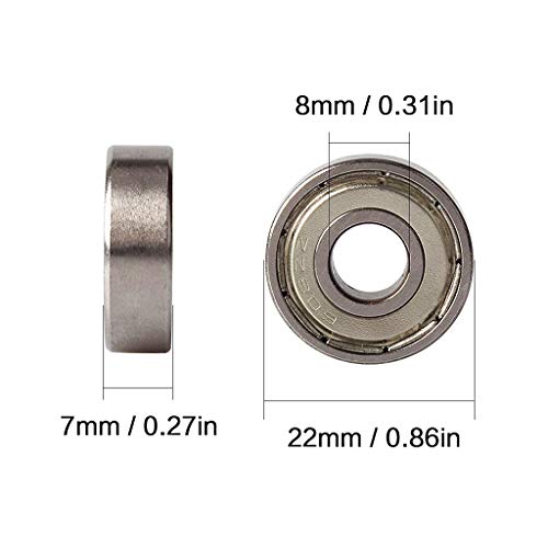 JZZJ 608 ZZ Rodamiento de Bolas de Plata con rodamiento de Placa Larga, Adecuado para ABEC, rodamiento Sellado sin fricción, 8 Piezas (8 mm x 22 mm x 7 mm) para Patines, patinetas y Scooters