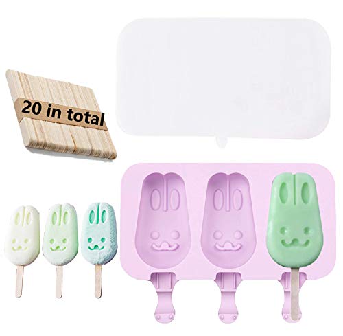 kaishuai-Moldes helados-Forma de Conejo,Buenos moldes de silicona hecho,perfecto para helados cremosos,Paletas de frutas Buenos.Moldes para Pasteles/20PcsPalitos de Madera