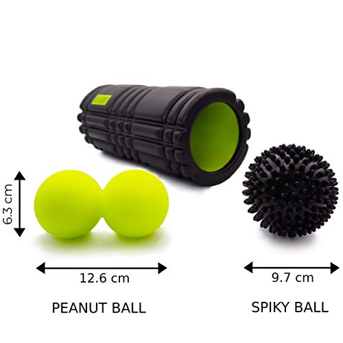 KALAHARI Rodillo de Espuma KIT - Foam Roller, bola Doble y con Pinchos. Para terapia de Trigger Point y masaje muscular Miofascial. Cómoda bolsa y Ebook ejercicios en español.