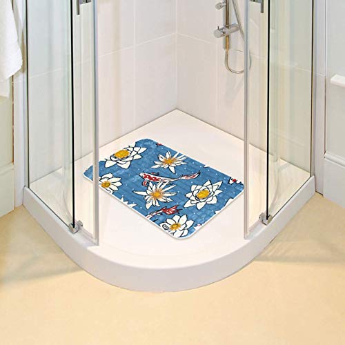KAMEARI Alfombrilla de baƱo antideslizante con ventosas y orificios de drenaje, alfombrillas de baƱo lavables a mƔquina, diseƱo de flor de loto, color rojo, fondo azul KAMEARI Alfombrilla de baƱo antideslizante con ventosas y orificios de drenaje, alfombrillas de baƱo lavables a mƔquina, diseƱo de flor de loto, color rojo, fondo azul