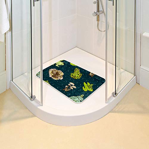 KAMEARI Alfombrilla de baño antideslizante con ventosas y orificios de drenaje, alfombrillas de baño lavables a máquina, diseño de rana verde, seta y hoja de loto, azul marino