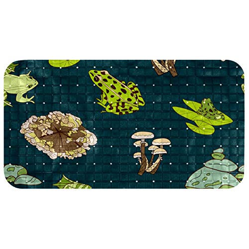 KAMEARI Alfombrilla de baño antideslizante con ventosas y orificios de drenaje, alfombrillas de baño lavables a máquina, diseño de rana verde, seta y hoja de loto, azul marino