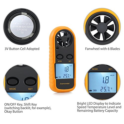 KanCai Anemómetro Termómetro Digital de Pantalla LCD Medidor de Velocidad Viento Aire con Luz de Fondo para Vela, Cometa, Surf, Marina, Pescar, etc