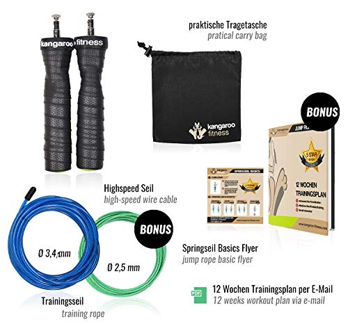 Kangaroo Fitness Cuerda para Saltar de Alta Velocidad | Gimnasio, Boxeo, Crossfit, Perdida de Peso y Ejercicios en Casa | para niños, Mujer y Hombre Adultos | Cuerda, Bolsa y Rutina de Entrenamiento