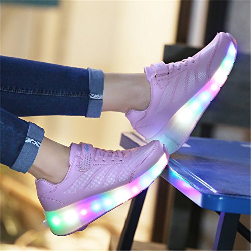 KCHKUIUK Cambio de 7 colores llevó Patín de ruedas zapatos con una sola rueda automática retráctil Skateboarding Técnica de zapatos para Unisex-niños 9 Reino Unido Reduzca Niño Rosado