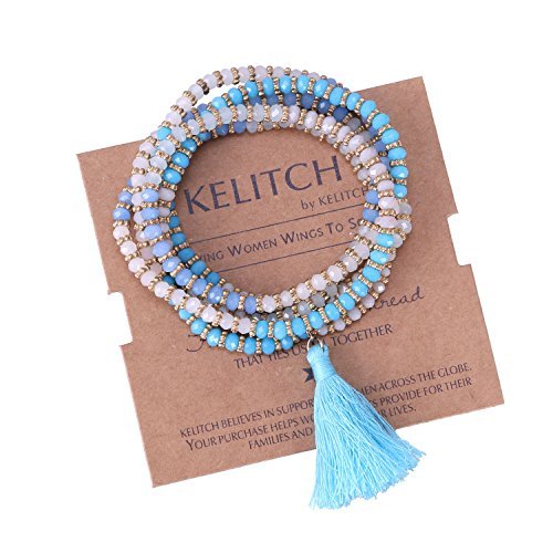 KELITCH Cuentas De Cristal Para Mujer Collar Elástico Con Borla Pulseras De Cristal Brazalete Pulseras De Envoltura Elástica (Azul) KELITCH Cuentas De Cristal Para Mujer Collar Elástico Con Borla Pulseras De Cristal Brazalete Pulseras De Envoltura Elástica (Azul)