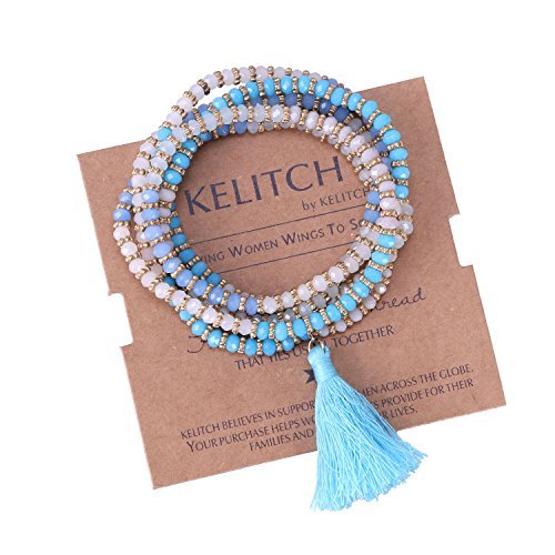 KELITCH Cuentas De Cristal Para Mujer Collar Elástico Con Borla Pulseras De Cristal Brazalete Pulseras De Envoltura Elástica (Azul)