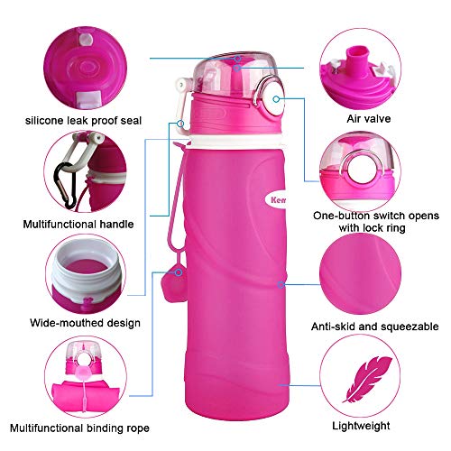 Kemier Botellas de Agua de Silicona Plegables–750ML,Calidad Médica Libre de BPA,Aprobado por FDA.Enrollarse,Botellas de Agua Plegables a Prueba de Fugas para el Aire Libre y Deportes (Rosa)
