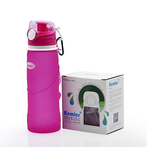 Kemier Botellas de Agua de Silicona Plegables–750ML,Calidad Médica Libre de BPA,Aprobado por FDA.Enrollarse,Botellas de Agua Plegables a Prueba de Fugas para el Aire Libre y Deportes (Rosa)