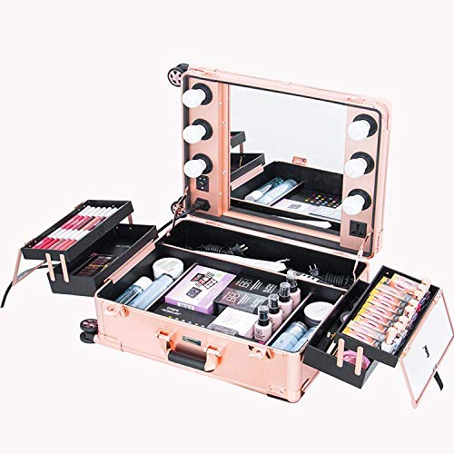 Kemier Estuche de Maquillaje,Mesa de Entrenamiento de Cosméticos con 4 Ruedas y Luces y Espejo,Tablero de Cubierta y Bandejas Extensibles Fáciles de Limpiar,Piernas Ajustables,Robusto(Oro Rosa)