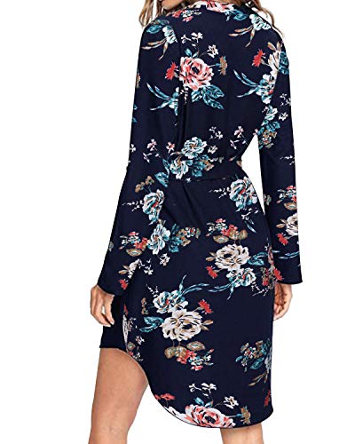 kenoce Blusa para mujer, cuello en V, blusa, vestido de manga 3/4, camisa de manga larga, a cuadros, vestido envolvente con cinturón B-flower+marine 2 XL kenoce Blusa para mujer, cuello en V, blusa, vestido de manga 3/4, camisa de manga larga, a cuadros, vestido envolvente con cinturón B-flower+marine 2 XL