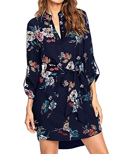 kenoce Blusa para mujer, cuello en V, blusa, vestido de manga 3/4, camisa de manga larga, a cuadros, vestido envolvente con cinturón B-flower+marine 2 XL