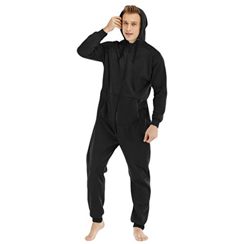 Ketamyy Hombre Pijama Mono Entero con Capucha Color Sólido Casual Forro Polar Mezcla de Algodón Cremallera Manga Larga Jumpsuit Adulto Una Pieza Invierno Otoño Termica Cómodo Negro XL