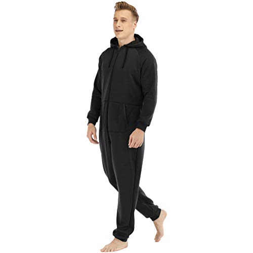 Ketamyy Hombre Pijama Mono Entero con Capucha Color Sólido Casual Forro Polar Mezcla de Algodón Cremallera Manga Larga Jumpsuit Adulto Una Pieza Invierno Otoño Termica Cómodo Negro XL