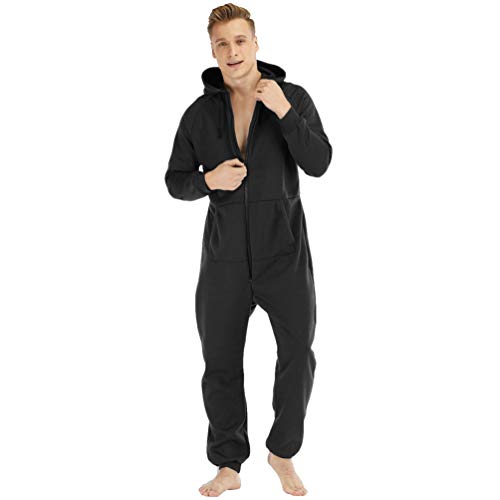 Ketamyy Hombre Pijama Mono Entero con Capucha Color Sólido Casual Forro Polar Mezcla de Algodón Cremallera Manga Larga Jumpsuit Adulto Una Pieza Invierno Otoño Termica Cómodo Negro XL