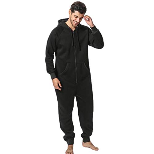 Ketamyy Hombre Pijama Mono Entero con Capucha Color Sólido Casual Forro Polar Mezcla de Algodón Cremallera Manga Larga Jumpsuit Adulto Una Pieza Invierno Otoño Termica Cómodo Negro XL