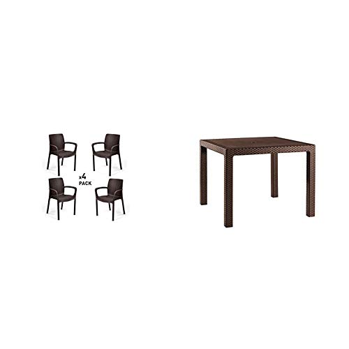 Keter Bali Set de 4 sillas de jardín, Marrón + Mesa de Comedor Exterior Quartet de 4 plazas, Color marrón