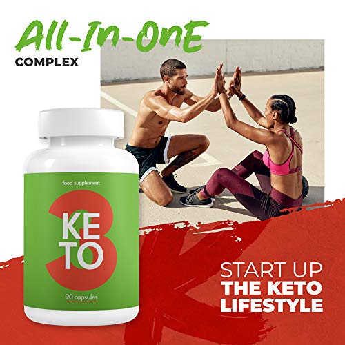 KETO 3 Quemagrasas Potente y Rápido - Pastillas para Adelgazar con Dieta Cetogénica sin Deporte para Mujeres y Hombres - Fat Burner & Detox - Contiene Garcinia, L-Carnitina, Cafeína - 90 Cápsulas