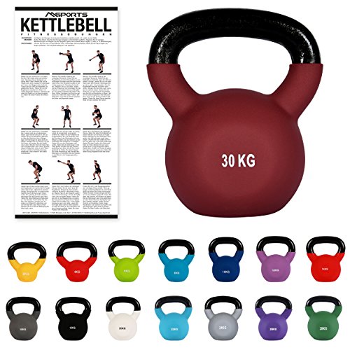 Kettlebell Profesional Neopreno 2 - 30 kg con póster de ejercicios, Pesas