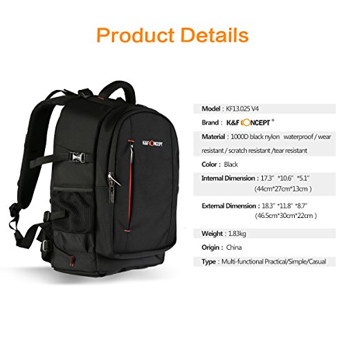 K&F Concept - Mochila para Cámara Réflex Lente Trípode Flash Ordenador Portátil de 13.3" y iPad de 10", Azul (Negro&Naranja)