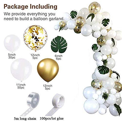 Kfdzsw Globos Kit de Arco de Guirnalda de Globo Blanco, Globos de Oro Blanco Confeti 98 PCS, Hojas de Palma Artificial 6 PCS Decoraciones de cumpleaños de Boda Fiesta