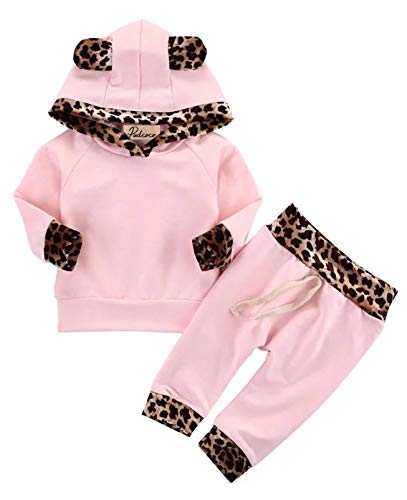 Kfnire - Conjunto de bebé compuesto de pantalones y sudadera con capucha, diseño de leopardo Rosa 12-18 meses