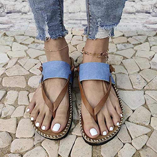 KHJH Mujer Verano Zapatillas Sandalias,Chanclas con Correa Azul Baño Transpirable Punta Abierta Zapatos De Playa Antideslizantes Bohemia Beach para Lady Girl Outdoor Antideslizante Oficina Casual WAL