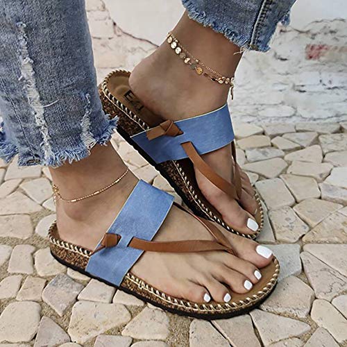 KHJH Mujer Verano Zapatillas Sandalias,Chanclas con Correa Azul Baño Transpirable Punta Abierta Zapatos De Playa Antideslizantes Bohemia Beach para Lady Girl Outdoor Antideslizante Oficina Casual WAL