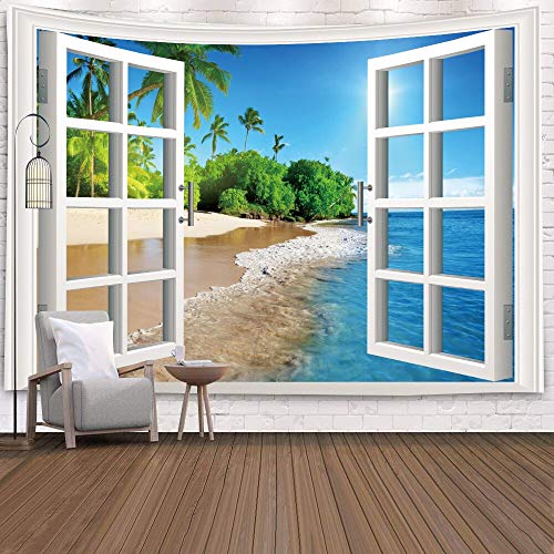 KHKJ Ventana Tapiz Vista Planta Verde 3D Mar Flores Colgante de Pared Alfombra Manta Colcha Toalla de Yoga Hogar Playa Decoración de la Pared A10 150x130cm