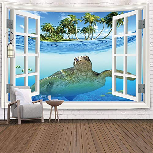 KHKJ Ventana Tapiz Vista Planta Verde 3D Mar Flores Colgante de Pared Alfombra Manta Colcha Toalla de Yoga Hogar Playa Decoración de la Pared A10 150x130cm