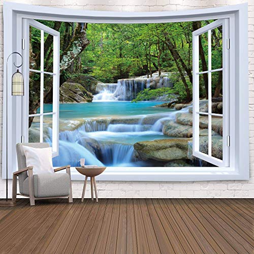 KHKJ Ventana Tapiz Vista Planta Verde 3D Mar Flores Colgante de Pared Alfombra Manta Colcha Toalla de Yoga Hogar Playa Decoración de la Pared A10 150x130cm