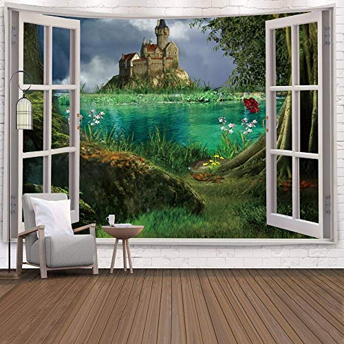 KHKJ Ventana Tapiz Vista Planta Verde 3D Mar Flores Colgante de Pared Alfombra Manta Colcha Toalla de Yoga Hogar Playa Decoración de la Pared A10 150x130cm