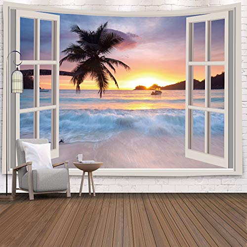 KHKJ Ventana Tapiz Vista Planta Verde 3D Mar Flores Colgante de Pared Alfombra Manta Colcha Toalla de Yoga Hogar Playa Decoración de la Pared A10 150x130cm