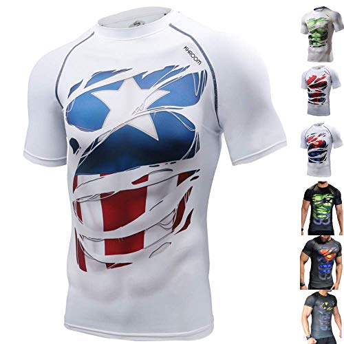 Khroom Camiseta de Compresión de Superhéroe para Hombre | Ropa Deportiva de Secado Rápido para Ejercicio Gimnasio Musculación Running | Material Extensible Ventilado Anti Transpiración Captain America