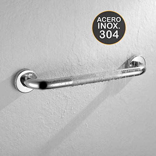 Kibath 205041 Asa de seguridad antideslizante 30cm de acero inoxidable 304 con acabado en cromo brillo y 6 puntos de anclaje, tacos y tornillos incluidos