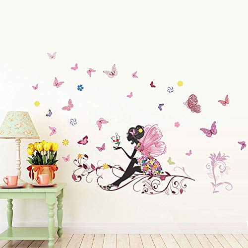 Kibi Flores Hada Mariposas Pared Adhesivos Pegatinas Decorativas Pared Mariposas Adhesivo para las Niñas Habitación de Niño Wall Stickers Salón Dormitorio