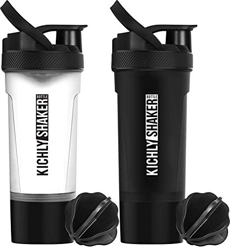 KICHLY - (Paquete de 2) Botella mezcladora de proteínas clásica (700 ml, 24-Oz) tapa antiderrames con Envase de almacenamiento de suplementos - Compañero de entrenamiento perfecto (Negro y Claro) KICHLY - (Paquete de 2) Botella mezcladora de proteínas clásica (700 ml, 24-Oz) tapa antiderrames con Envase de almacenamiento de suplementos - Compañero de entrenamiento perfecto (Negro y Claro)