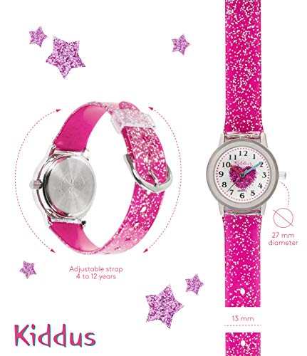 KIDDUS Reloj de Pulsera analógico para niña, Chica. con Ejercicios educativos para Aprender la Hora. Mecanismo de Cuarzo japonés Purpurina, Elegante y a la Moda. FAB2 Corazón