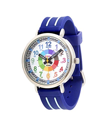 KIDDUS Reloj Educativo para niño, Chica, Chico. De Pulsera, analógico. Time Teacher fácil de Leer para Aprender la Hora. Ejercicios incluídos. Mecanismo de Cuarzo japonés. KI10309 Manillas escritas