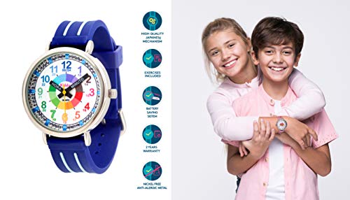 KIDDUS Reloj Educativo para niño, Chica, Chico. De Pulsera, analógico. Time Teacher fácil de Leer para Aprender la Hora. Ejercicios incluídos. Mecanismo de Cuarzo japonés. KI10309 Manillas escritas