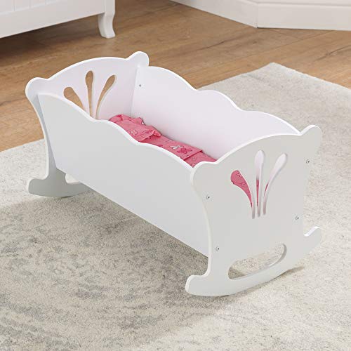 KidKraft- Cuna de madera de juguete con ropa de cama rosa, para muñecos Lil' Doll Craddle , Color Blanco (60101)