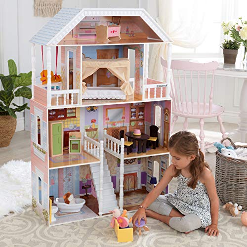 KidKraft- Savannah Casa de muñecas de madera con muebles y accesorios incluidos, 4 pisos, para muñecas de 30 cm , Color Blanco (65023)