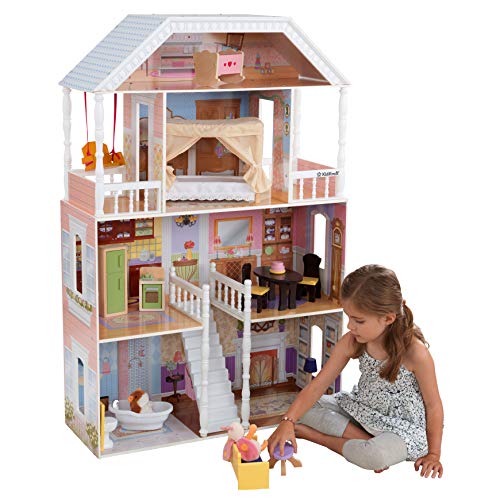 KidKraft- Savannah Casa de muñecas de madera con muebles y accesorios incluidos, 4 pisos, para muñecas de 30 cm , Color Blanco (65023)