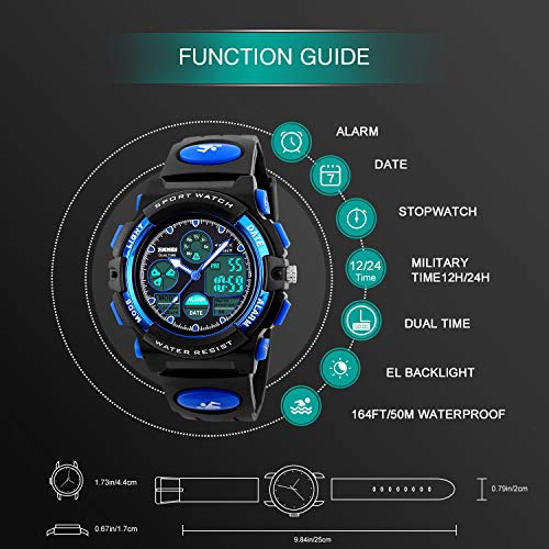 Kids Outdoor Digital Doble Huso Horario De Cuarzo Analogico Banda De Impermeable Reloj con Cronografo, Alarma, Calendario, Fecha En La Ventana De Diseño Clásico para Niños Niñas Niños - Azul